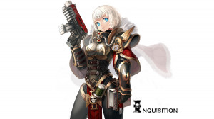 aqua_eyes armor book gun short_hair tagme warhammer_40k weapon white ...