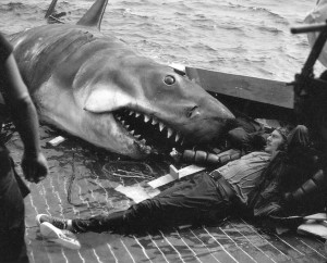 Set Photo of Robert Shaw chilling with robotic shark in JAWS.