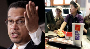Keith Ellison (left) and a McDonald's worker are shown in this ...