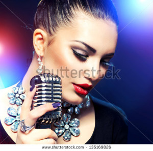 Singing Woman with Retro Microphone. Beauty Glamour Singer Girl ...