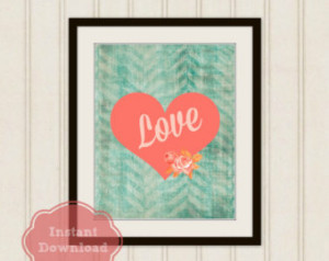 LOVE HEART and ROSES Instant Downlo ad Print, Country Cottage Romance ...
