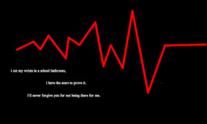heartbeat monitor on black background. Text reads: 'I cut my wrist ...