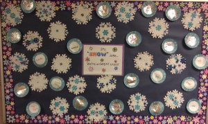 And we hung them with our foam snowflakes in the hallway!