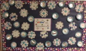 And we hung them with our foam snowflakes in the hallway!