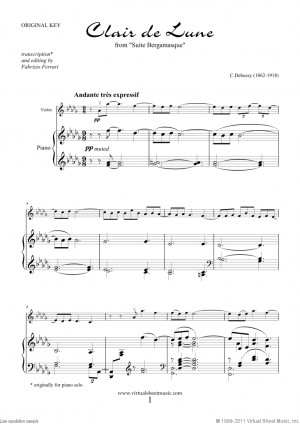clair de lune sheet music for violin and piano by debussy