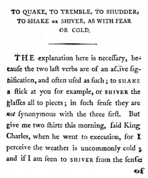 TO QUAKE TO TREMBLE TO SHUDDER TO SHAKE or SHIVER AS WITH FEAR OR COLD ...