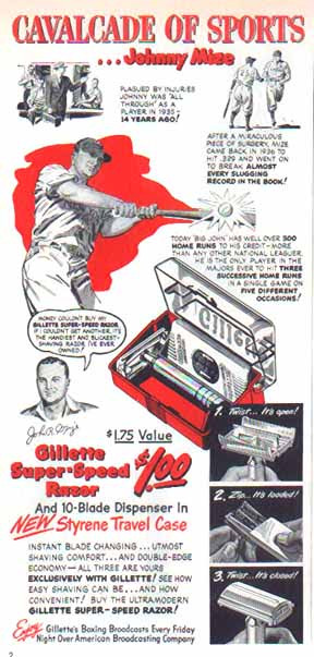 Gillette 1949 Ad - Cavalcade of Sports - Johnny Mize