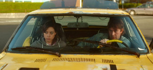 Aubrey Plaza and Mark Duplass ride in a vehicle that is not a time ...