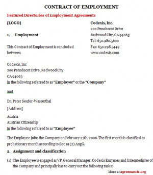 Employment Contract Agreement Sample Employment Contract