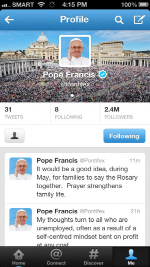 Pope Francis' latest tweet on Friday reads: 