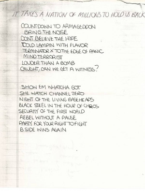 Chuck D’s handwritten track list for the album. Note that “B Side ...