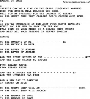 Country, Southern and Bluegrass Gospel Song Harbor Of Love lyrics