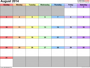 Calendar templates August 2014 in landscape format