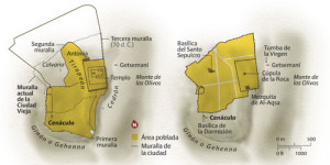Jerusalem in 70 AD and the Old City today. Graphic: J. Gil.