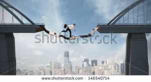Teamwork concept with running businessman over the bridge - stock ...