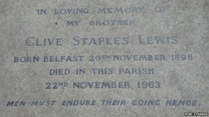 Image of C.S. Lewis grave with the quote 