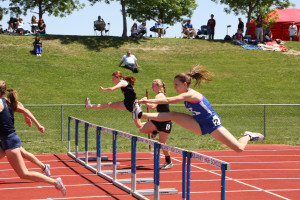 Sophomore Sydney Engberg lunges over a hurdle at the district meet ...