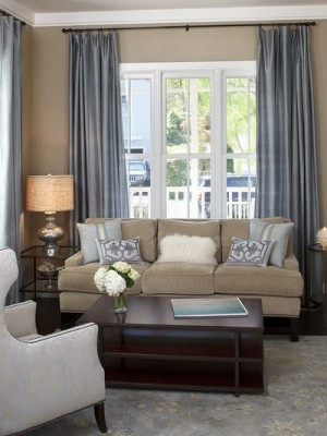 Living Room White, Slate Blue, Tan, And dark brown Color Scheme Design