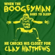 BOOGEYMAN SLEEPS HE CHECKS FOR CLAY MATTHEWS funny sports t-shirts