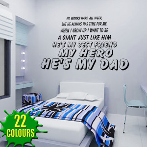 Black My Hero He's My Dad wall decal above a headboard