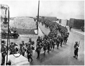 American soldiers march through a British town to their embarkation ...