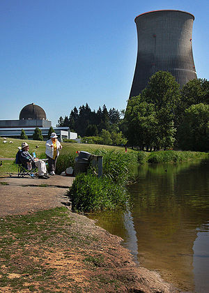 Kernkraftwerk Trojan:Rechts der Kühlturm, links die Reaktorkuppel ...
