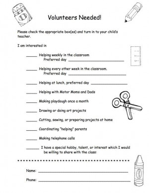 Request for Volunteers Form (from Kindergarten Nana)