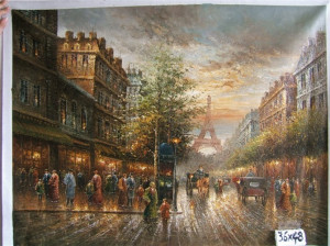 painted oil painting impression streetscape Paris street Eiffel Tower
