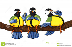 Funny Cartoon Drawing Three Overweight Birds Eating Sunflower Seeds