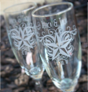 Nautical Star and Swirls- Engraved Wedding Glass Toasting Flutes