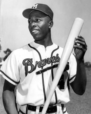 Hank Aaron of the Milwaukee Braves poses with his bat in this undated ...