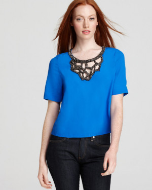 Plenty By Tracy Reese Quotation Top Embellished Crepe in Blue (azure)