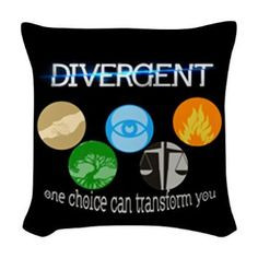 Divergent Movie Woven Throw Pillow with all five factions and symbols.