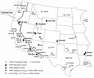 Map of internment camps during the internment of Japanese Americans in ...