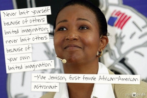 Retired astronaut Mae C. Jemison delivers a speech as she visits a ...