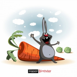 Happy Birthday smile Funny rabbit with carrot and cabbage gift