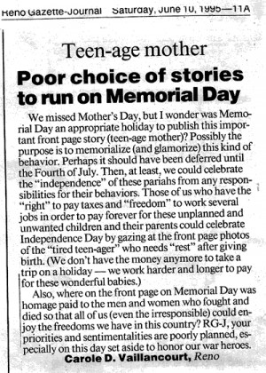 In June 1995 my mother wrote the following in the Reno Gazette-Journal