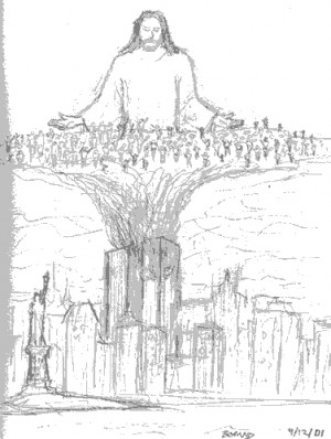 healing drawing Jesus above World Trade Center, with saints rising up ...