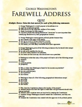 George Washington’s Farewell Address Quiz. A great way to assess ...