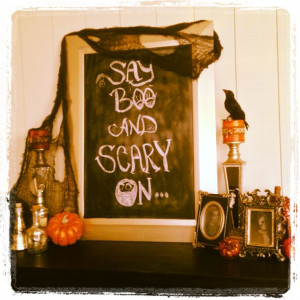Halloween decorations foyer console table chalkboard quotes