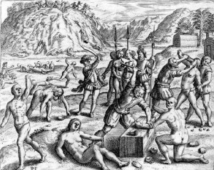 Drawing depicting the destruction of the Tainos by the Spanish ...