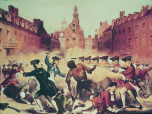 Painting of the Boston Massacre showing Crispus Attucks as he is shot.
