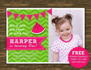 Watermelon Girl Birthday Invitation - Printable - FREE pennant banner ...