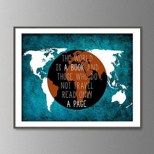 World map & Famous travel quote 'The World is a Book...' poster wall ...