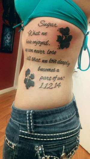 Lettering Dog Paw Tattoos On Rib Side For Women