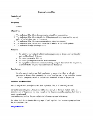 Example Lesson Plan Grade Level Subject S Science Objectives picture