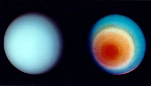 Voyager 2 image showing Uranus in true and false color. Image via NASA