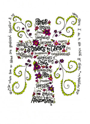 Sisters in Christ print of hand drawn cross wordart with Matthew 18:20 ...