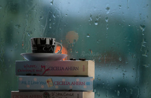 book, by rona keller, cup, cute, rainy day