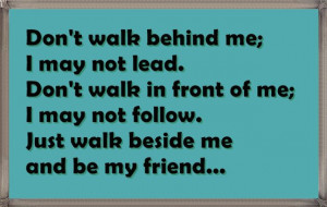 behind me I may not lead. Don't walk in front of me; I may not follow ...